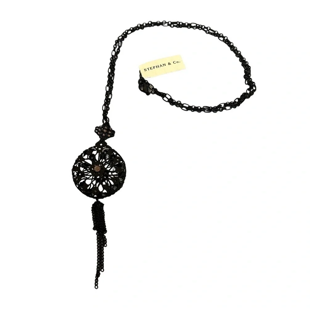 Necklace Stephan & Co. Matte Black 3D Lace Metal Pink Rhinestone Tassel